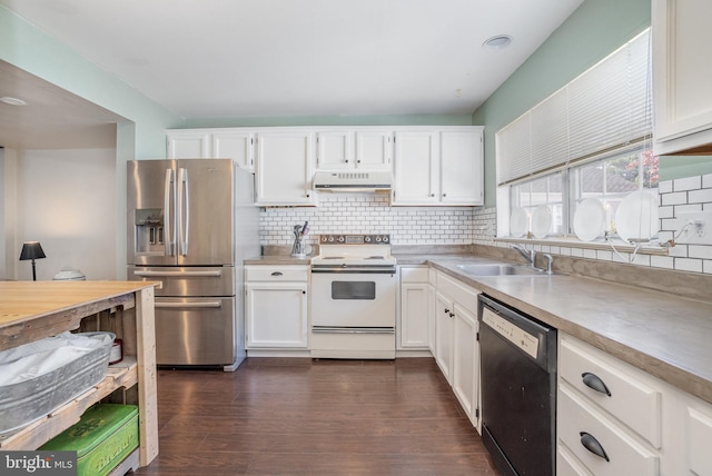 kitchen featuring dishwasher, sink, white electric stove, stainless steel fridge with ice dispenser, and white cabinetry