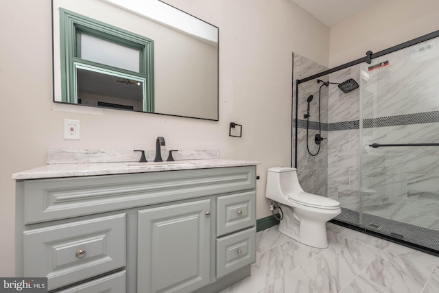 bathroom featuring vanity, toilet, and an enclosed shower