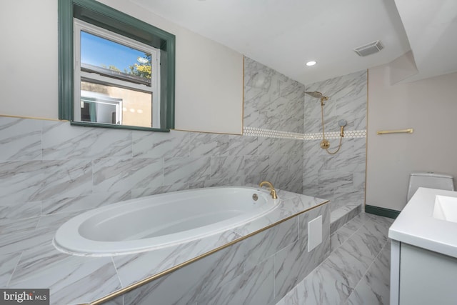 bathroom featuring vanity and plus walk in shower