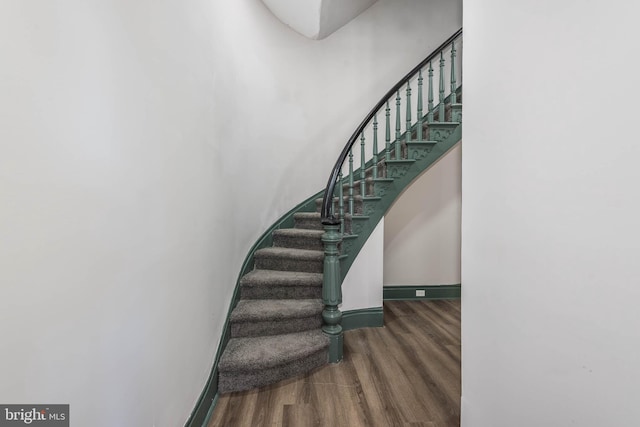 stairway with hardwood / wood-style flooring