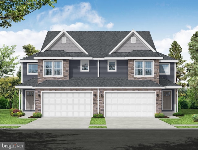 view of property featuring stone siding, an attached garage, concrete driveway, and a shingled roof