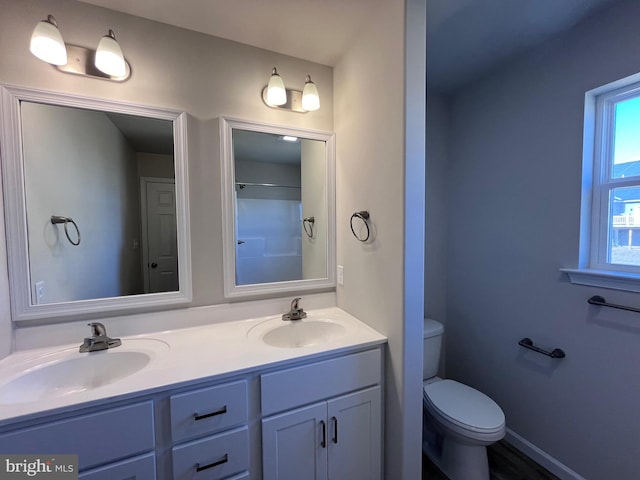 bathroom featuring a sink, baseboards, toilet, and double vanity