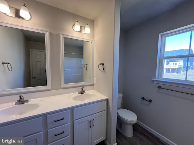 bathroom with a sink, toilet, wood finished floors, and double vanity