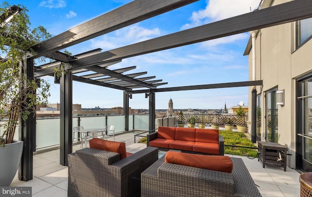 view of patio with a pergola, a water view, and an outdoor hangout area