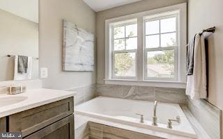 bathroom featuring vanity and a washtub