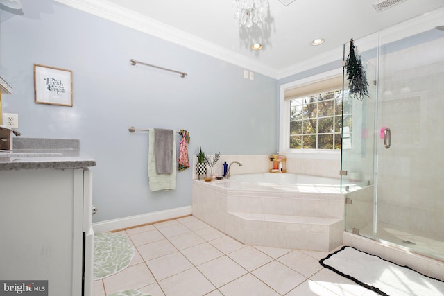 bathroom featuring vanity, separate shower and tub, crown molding, and tile patterned flooring