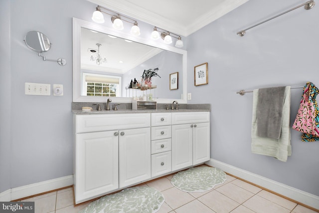 bathroom featuring vanity, crown molding, and tile patterned floors