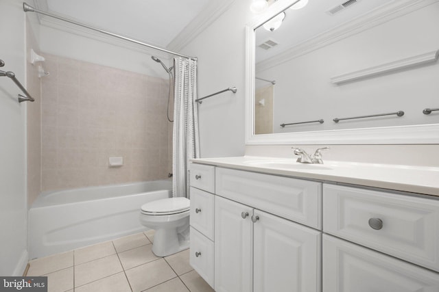 full bathroom with tile patterned floors, toilet, shower / tub combo, crown molding, and vanity