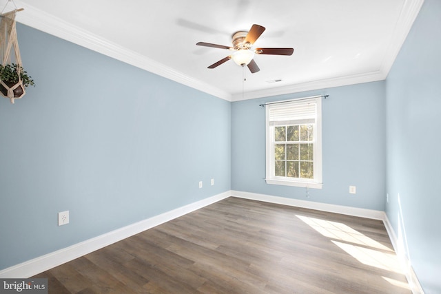 spare room with ceiling fan, hardwood / wood-style flooring, and ornamental molding