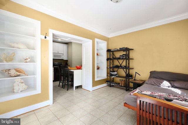 bedroom featuring ornamental molding and light tile patterned flooring