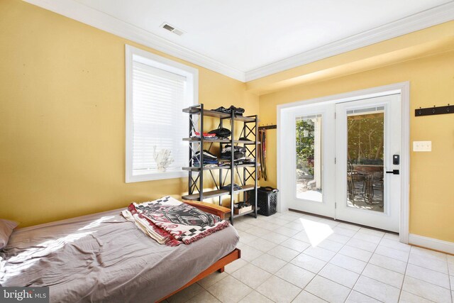 48 Old Creekside Rd, Fredericksburg, VA 22405 - bedroom with light tile patterned floors, visible vents, ornamental molding, and access to exterior