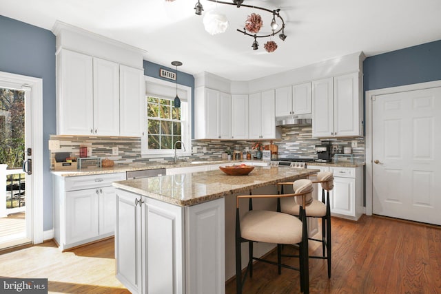 48 Old Creekside Rd, Fredericksburg, VA 22405 - kitchen featuring white cabinetry, tasteful backsplash, a center island, and under cabinet range hood