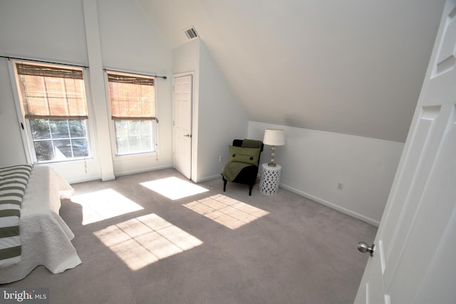 bonus room with light carpet and high vaulted ceiling