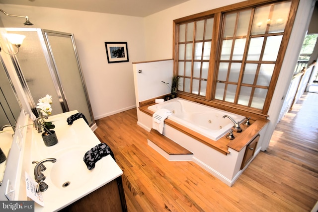 bathroom with vanity, hardwood / wood-style flooring, and independent shower and bath