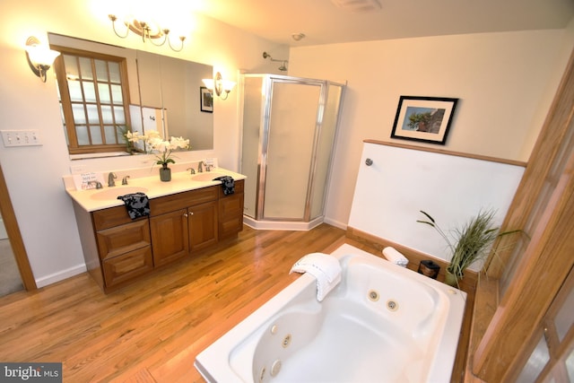 bathroom featuring vanity, hardwood / wood-style flooring, and independent shower and bath