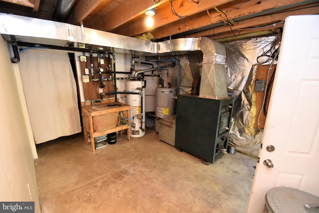 utilities with gas water heater, water heater, and heating unit