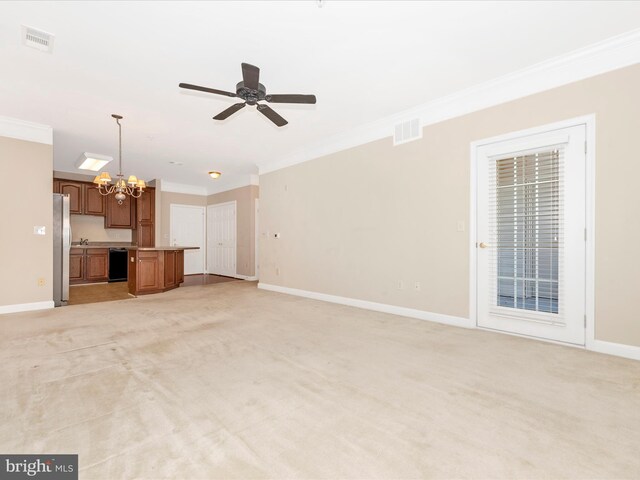 unfurnished living room featuring ceiling fan with notable chandelier, light carpet, and crown molding