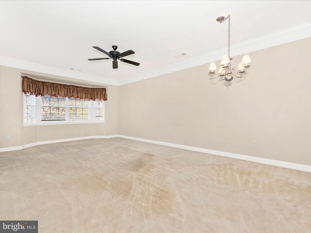 unfurnished room featuring ceiling fan with notable chandelier, carpet flooring, and crown molding