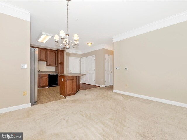 kitchen with ornamental molding, a kitchen island, light carpet, black dishwasher, and a notable chandelier