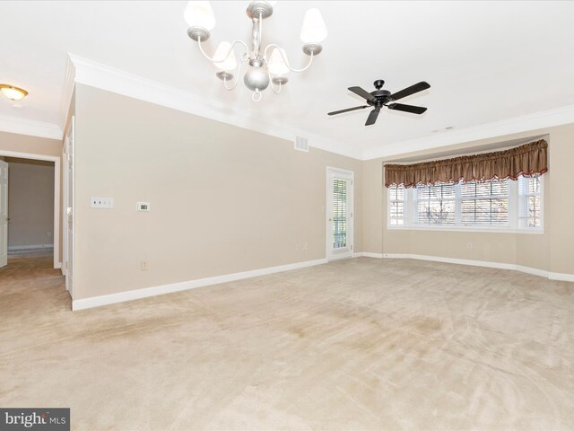 unfurnished room with ceiling fan with notable chandelier, light carpet, and crown molding