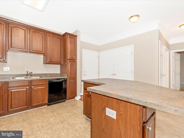 kitchen with dishwasher, sink, and crown molding