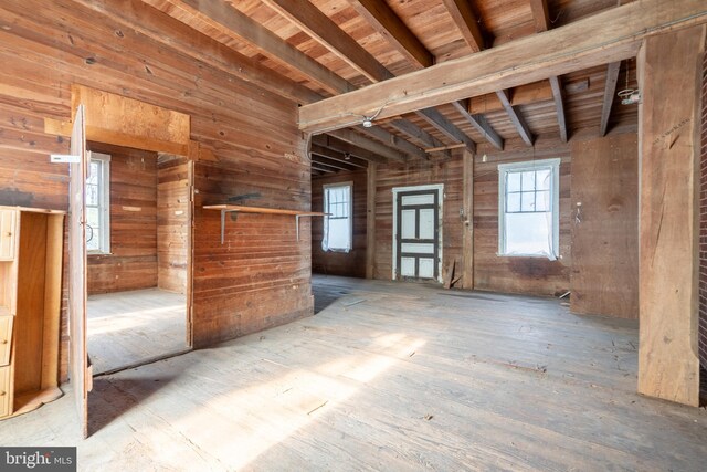 spare room featuring wooden ceiling, beamed ceiling, wood finished floors, and wooden walls
