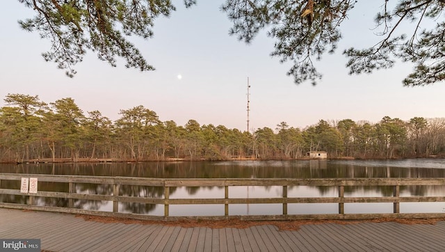 view of dock featuring a view of trees and a water view