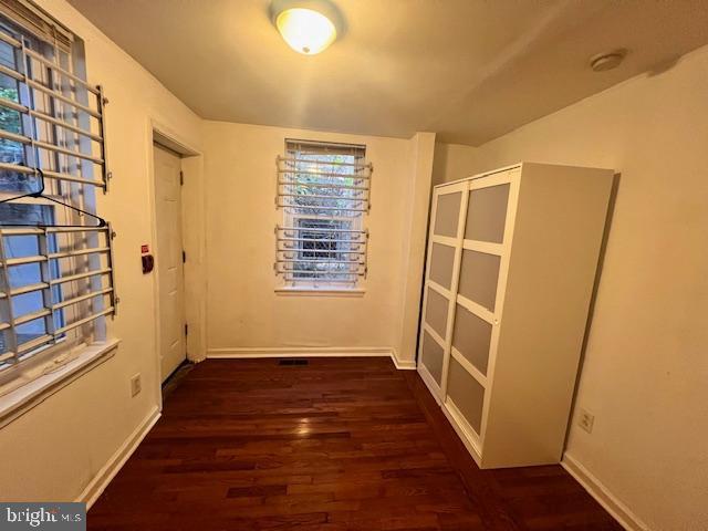 corridor with dark hardwood / wood-style floors and a healthy amount of sunlight