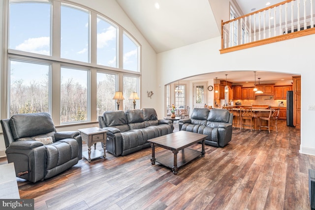 living area featuring arched walkways, dark wood-style floors, and a healthy amount of sunlight