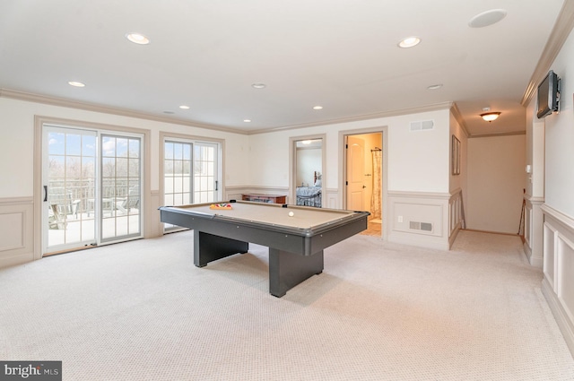 recreation room featuring visible vents, light carpet, wainscoting, and pool table