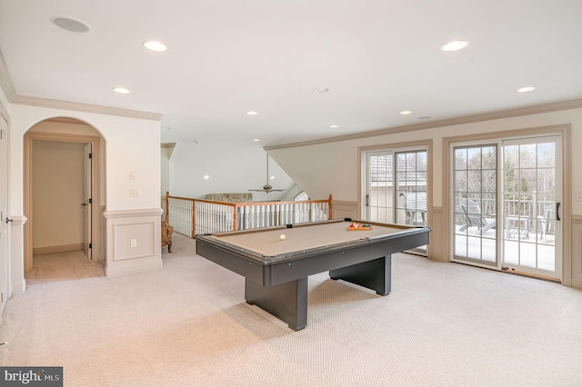 game room featuring light carpet, pool table, and ornamental molding