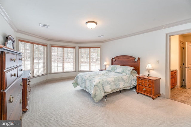 bedroom featuring visible vents, light carpet, baseboards, and crown molding