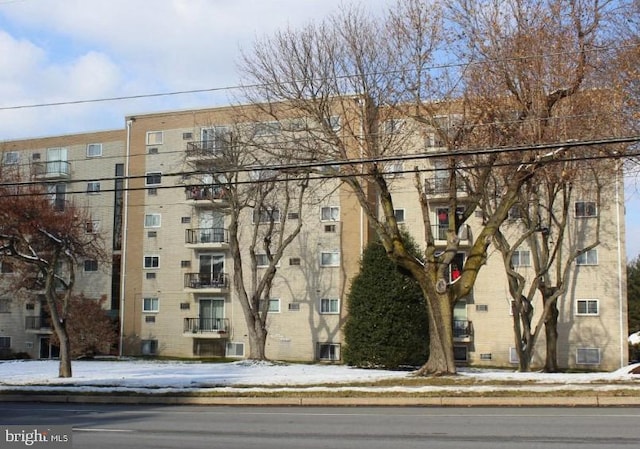 view of snow covered building