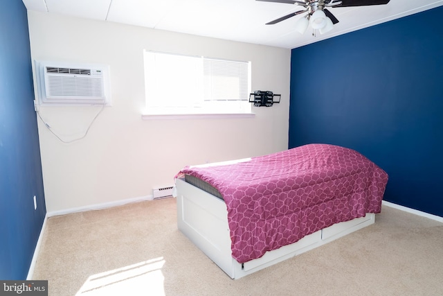 carpeted bedroom with ceiling fan, a wall mounted AC, and baseboard heating