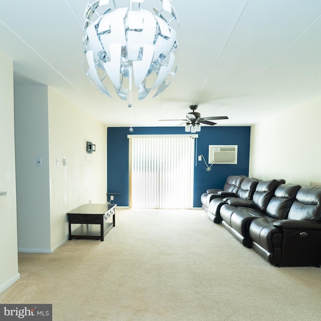 carpeted living room featuring a wall unit AC and ceiling fan