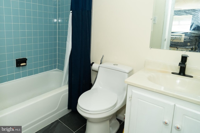 full bathroom featuring vanity, toilet, tile patterned floors, and shower / bath combo with shower curtain