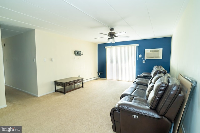 carpeted living room featuring a baseboard heating unit, a wall mounted air conditioner, and ceiling fan