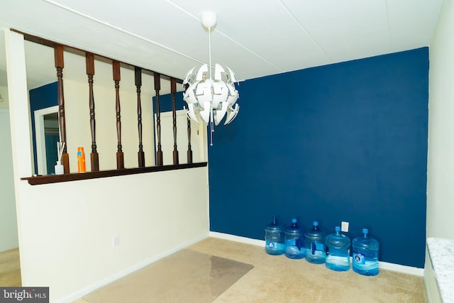 unfurnished dining area featuring light carpet and an inviting chandelier