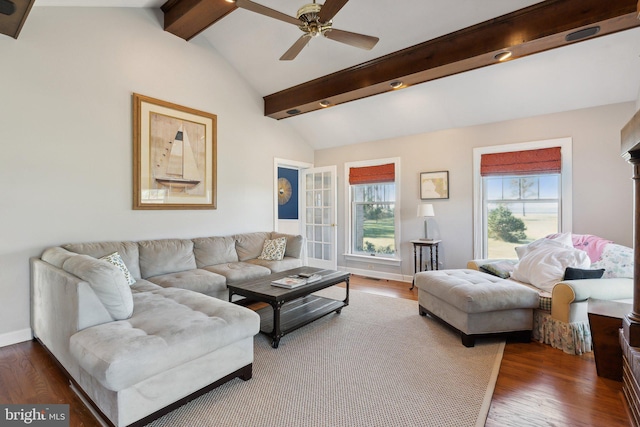 living room featuring vaulted ceiling with beams, hardwood / wood-style flooring, and ceiling fan