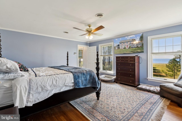 bedroom with multiple windows, hardwood / wood-style floors, and ceiling fan