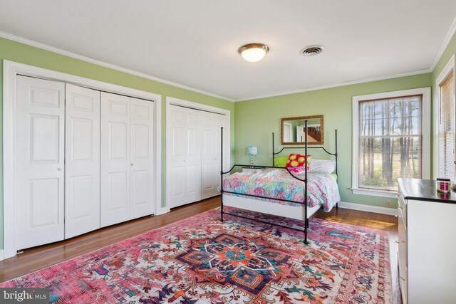 bedroom featuring ornamental molding, two closets, and hardwood / wood-style floors