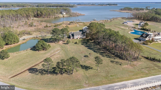 bird's eye view featuring a water view and a rural view