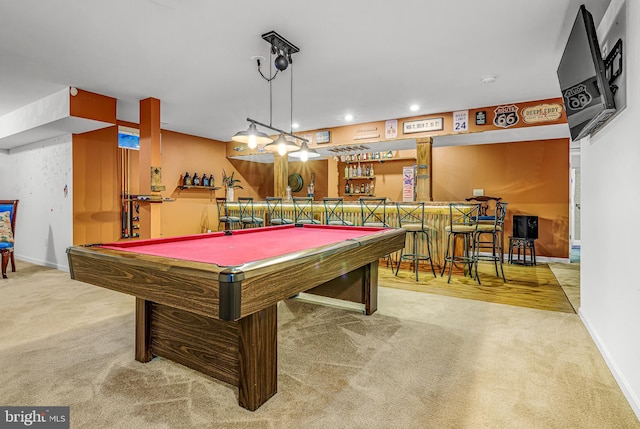 recreation room featuring bar area, carpet, and pool table