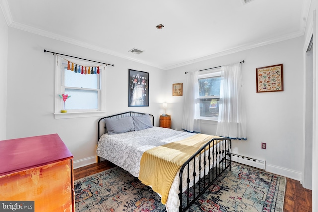 bedroom with a baseboard radiator, ornamental molding, and dark hardwood / wood-style flooring