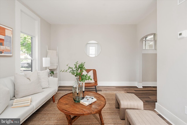 living room with dark wood-type flooring