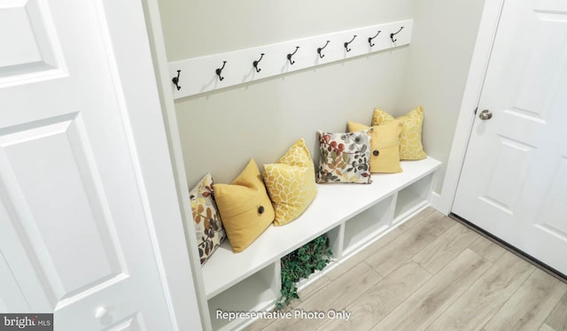 mudroom with light hardwood / wood-style floors