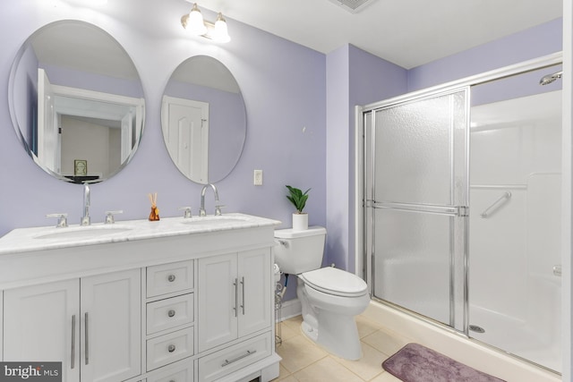 full bathroom with a sink, tile patterned floors, toilet, and a stall shower