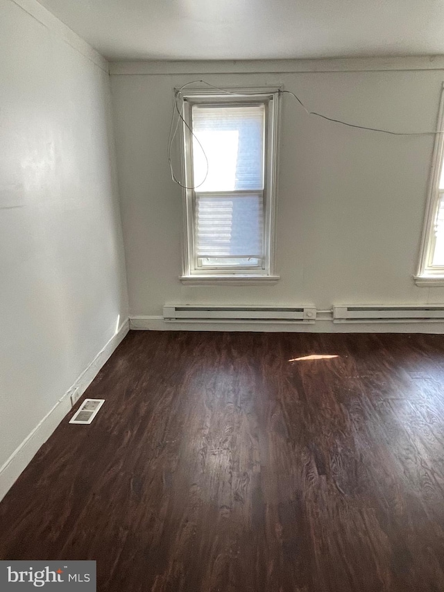 unfurnished room featuring a baseboard radiator and dark hardwood / wood-style flooring