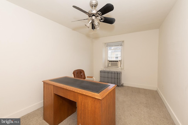 office with cooling unit, ceiling fan, light colored carpet, and radiator