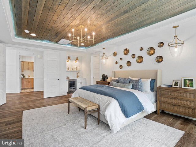 bedroom featuring dark hardwood / wood-style floors, wooden ceiling, and a raised ceiling